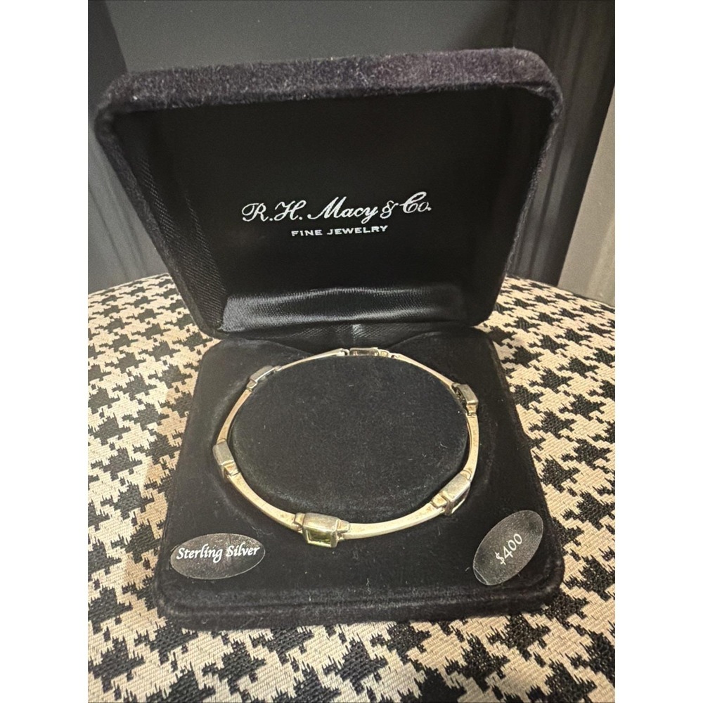 VTG 925 Sterling Silver Multicolor Stone Hinged Bangle Bracelet 2" Macy's Box